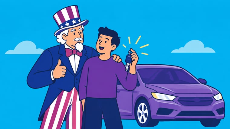 Uncle Sam stands with a man buying a car