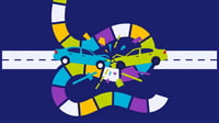 Colorful illustration of two cars crashing head‑on on a road, with bright, broken puzzle-like pieces flying out to form a winding path, symbolizing an auto accident and financial “gap” in coverage.