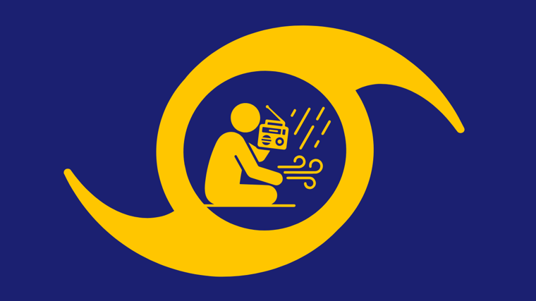 A hurricane symbol alongside a person listening to a handheld crank radio during an emergency.